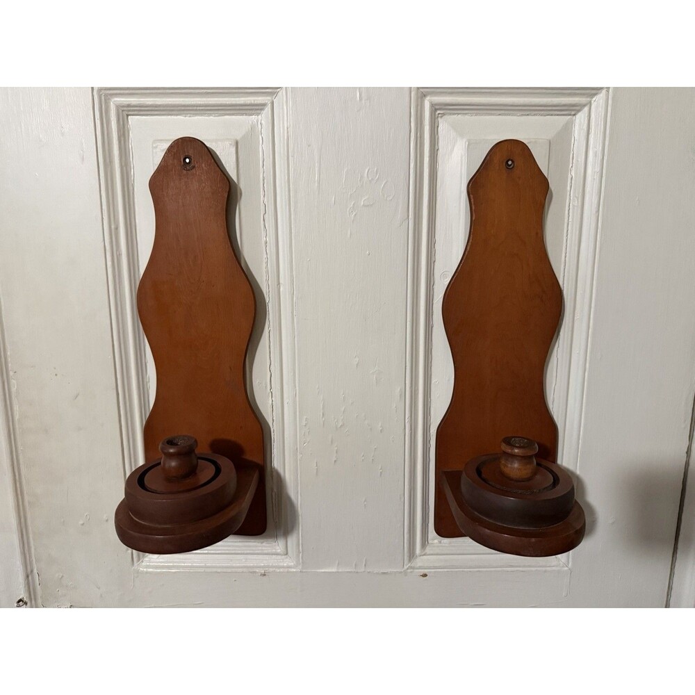 Vintage Wooden Wall Candle Sconces Pair Colonial Early American Farmhouse Decor